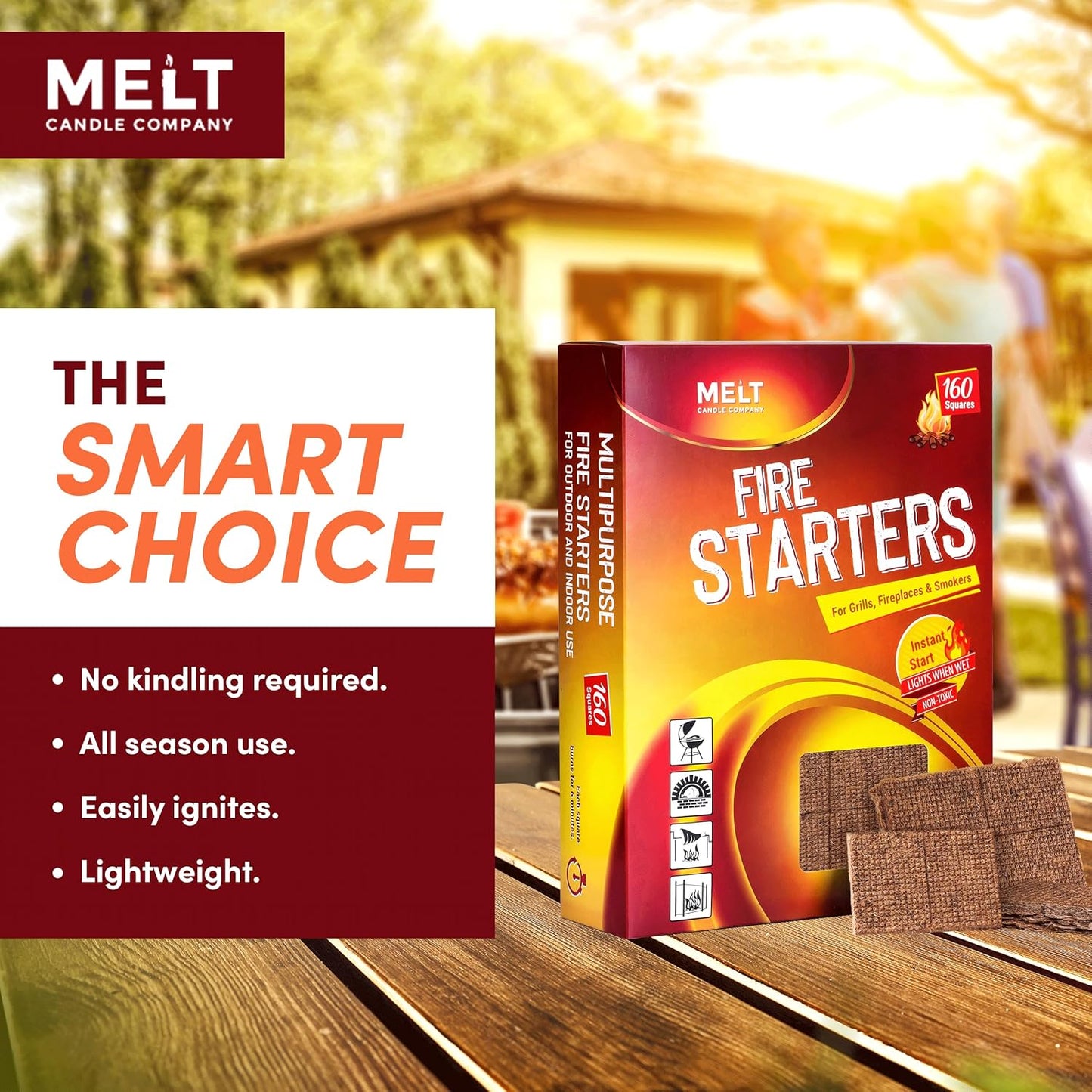 Melt Candle Company Fire Starter Squares, 160 Pieces - Fire Starters Kit for Campfires, Grill, Outdoor Fire Pit, Fireplace, BBQ - Water Resistant & Odorless - Camping Accessories
