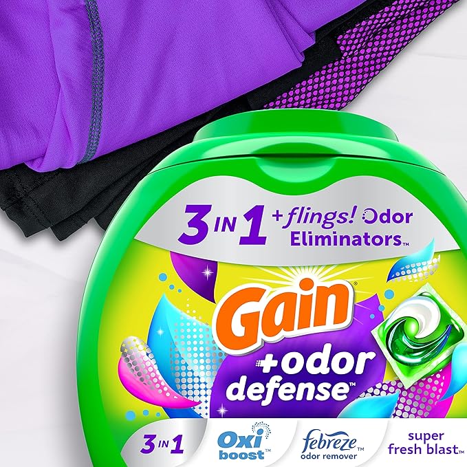 Gain Flings Laundry Detergent Pacs, 112 Count, Super Fresh Blast Scent, with Odor Defense, HE Compatible, with Febreze and Oxi