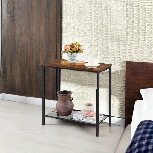 Hoctieon 2 Tier End Table, Sofa Side Table, Narrow Side Table with Storage, Slim Nightstand for Small Spaces, Metal Frame, for Living Room, Bedroom, Sofa Couch, Hall, Rustic Brown