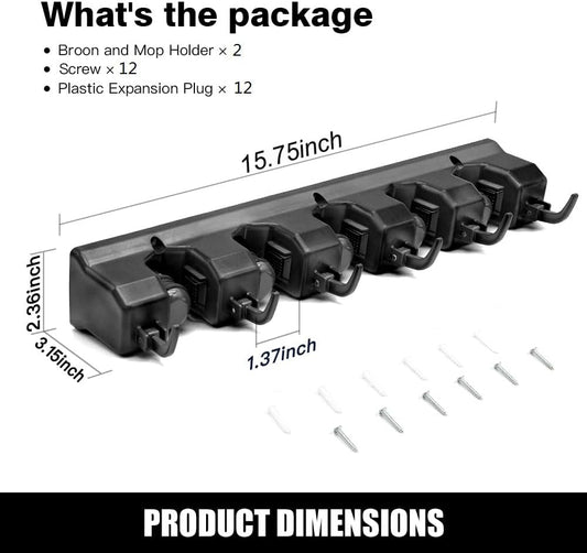 IMILLET 2 Pack Mop and Broom Holder, Wall Mounted Organizer Mop and Broom Storage Tool Rack with 5 Ball Slots and 6 Hooks (Black)