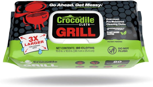 Crocodile Cloth Grill - 80 (15" x 10") Plant-based Cleaning Wipes. Safe on Skin & Multiple Surfaces. Infused with Aloe & Vitamin E. Large, Pre-Moistened & Absorbent.