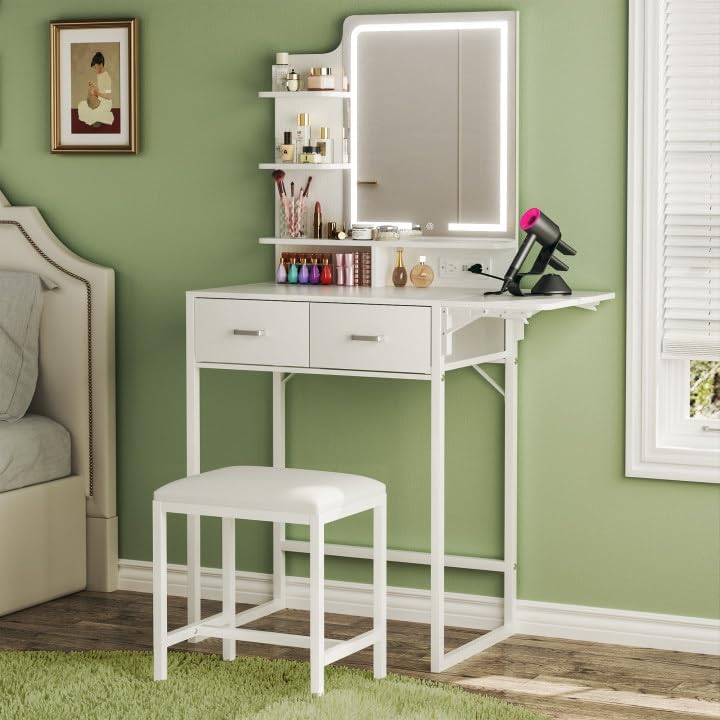 Makeup Vanity Desk with Mirror and Lights, Small Vanity with Fabric Storage Drawer & Chair & Shelves, White Vanity with Fold-up Panel and Power Outlet for Bedroom