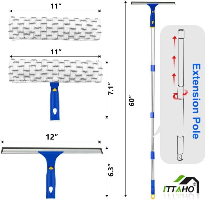 ITTAHO Squeegee for Window Cleaning,12" Squeegee and 11" Microfiber Scrubber Combi with Stainless Steel Pole,Extendable Window Cleaner for Car,Sliding Door,Shower Glass Door-Swivel Style-2 Pads