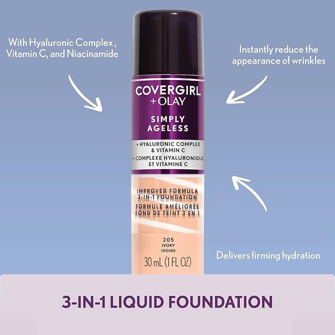CoverGirl & Olay Simply Ageless 3-in-1 Liquid Foundation, Matte, Hyaluronic, Vitamin C - Cart Shape