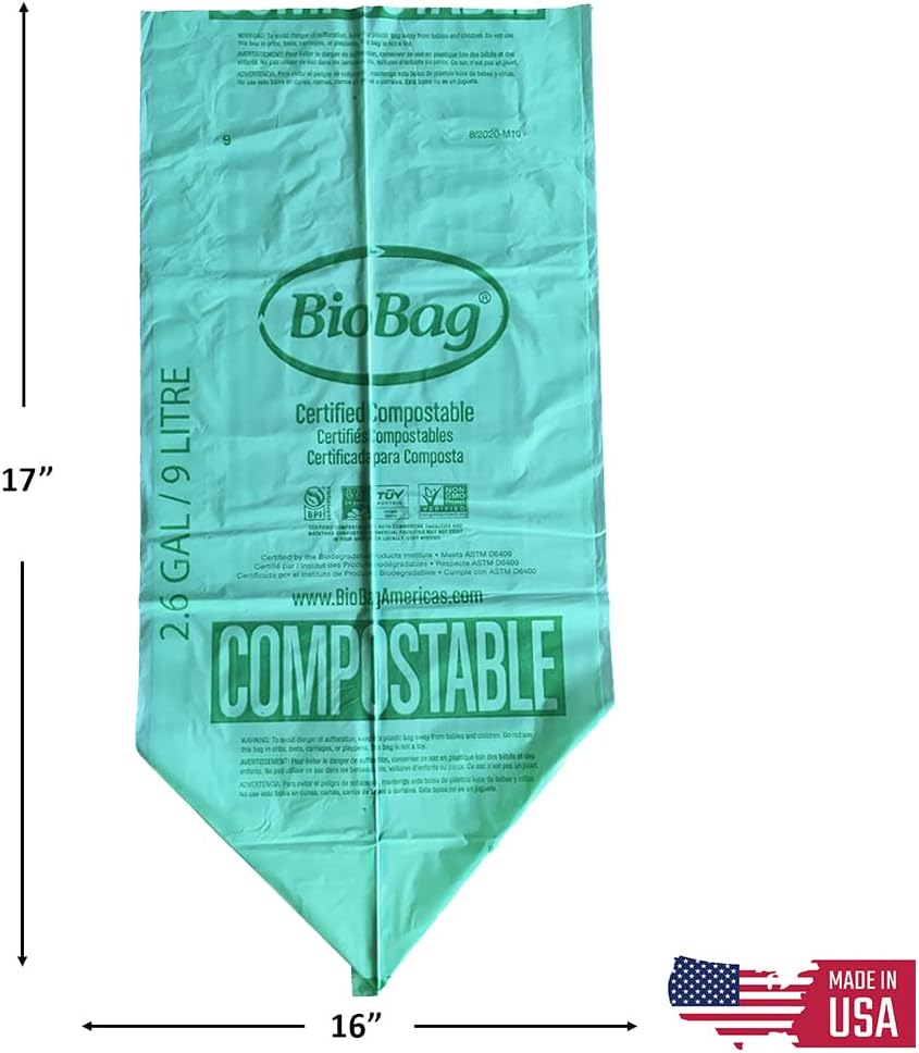2.6 Gallon Compostable Food Scrap Bags by BioBag, 100 Count, BPI Certified, Meets ASTM D6400 Standards, Made in USA, Kitchen Counter Bin Liners
