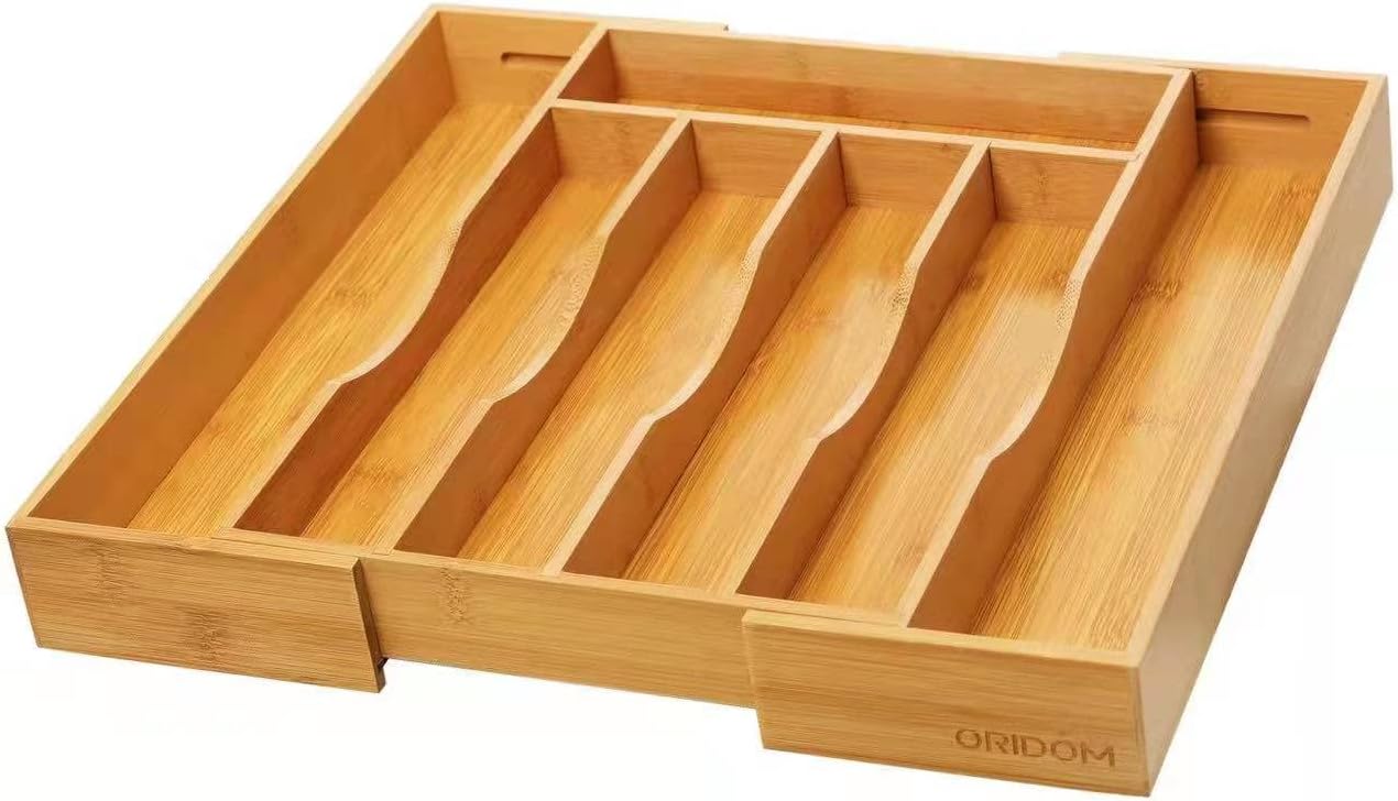 Expandable Bamboo Kitchen Drawer Organizer for Cutlery and Utensils, Adjustable Bamboo Wood Cutlery Tray in Drawer for Flatware and Silverware in Kitchen, (Natural)