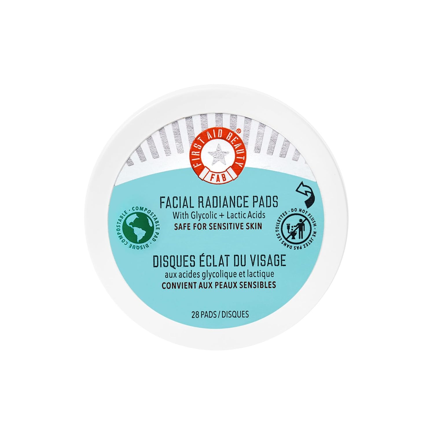 First Aid Beauty - Facial Radiance Pads with Glycolic & Lactic Acids, Daily Exfoliating Pads with AHA, Visibly Smaller Pores, Help Tone & Brighten Skin, One-Step Makeup Prep, Compostable, 28