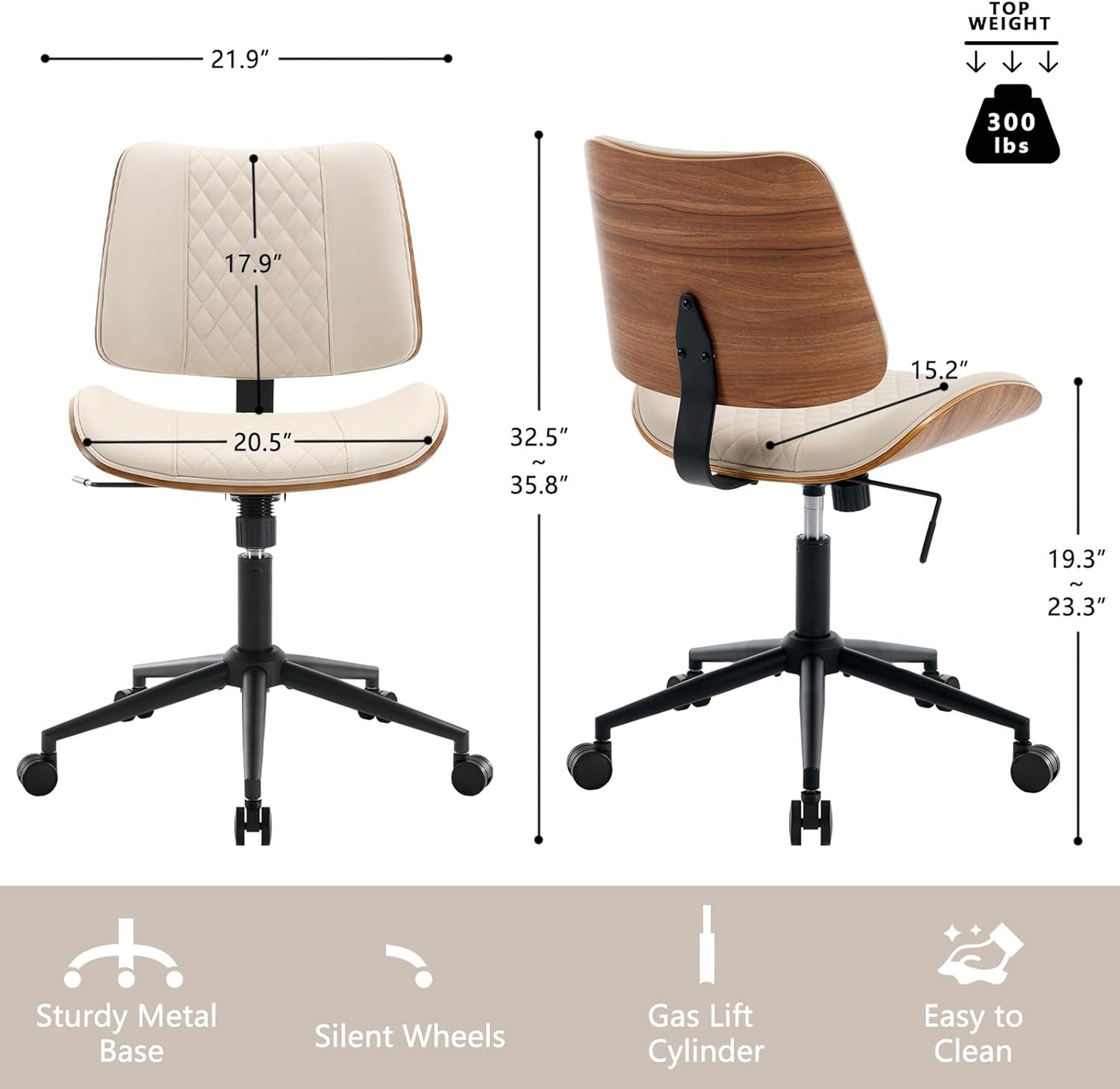 Home Office Chair No Arms with Wheels, Adjustable Height Small Desk Chair, PU Leather Mid Back 360 Swivel Computer Chair, Armless Modern Walnut Chair for Office, Reading Meeting Room(Beige)