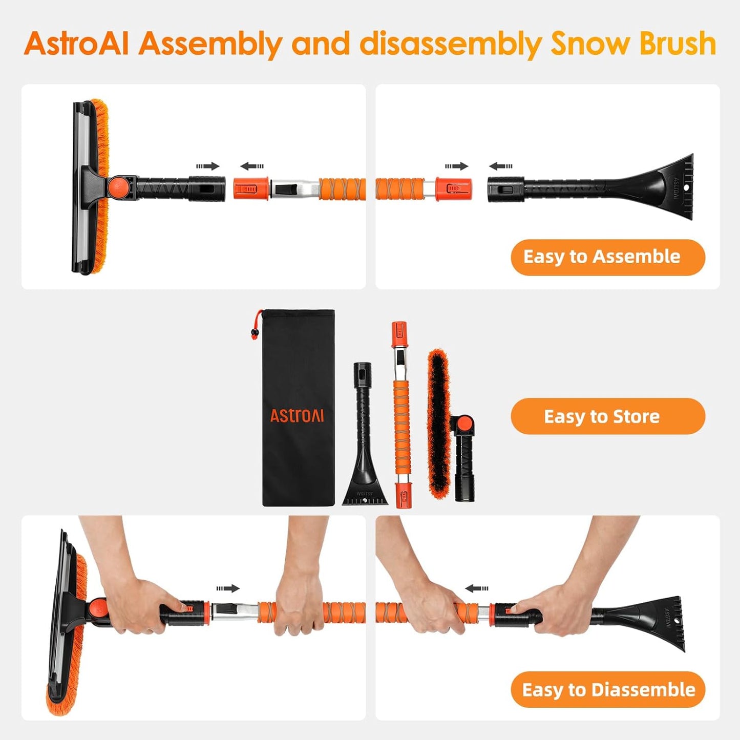 AstroAI 47.2" Ice Scrapers for Car Windshield, 3 in 1 Sturdy Snow Brush with Squeegee, 10 Adjustable Length Settings, Extendable Aluminum Handle, 180° Pivoting Snow Scraper for Car, Truck, SUV(Orange)