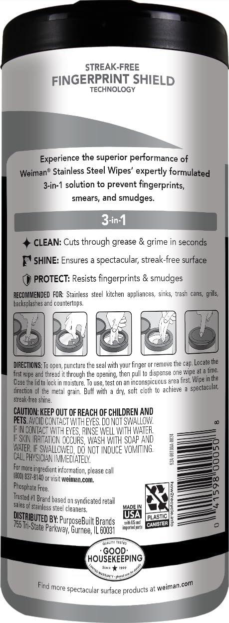 Weiman Stainless Steel Cleaner, 30 Count Cleaning Wipes, Removes Dirt, Grime, and Grease, No Streaks or Residue, Stainless Steel Polish for a Sparkling Clean and Shiny Surface, Cleaning Supplies