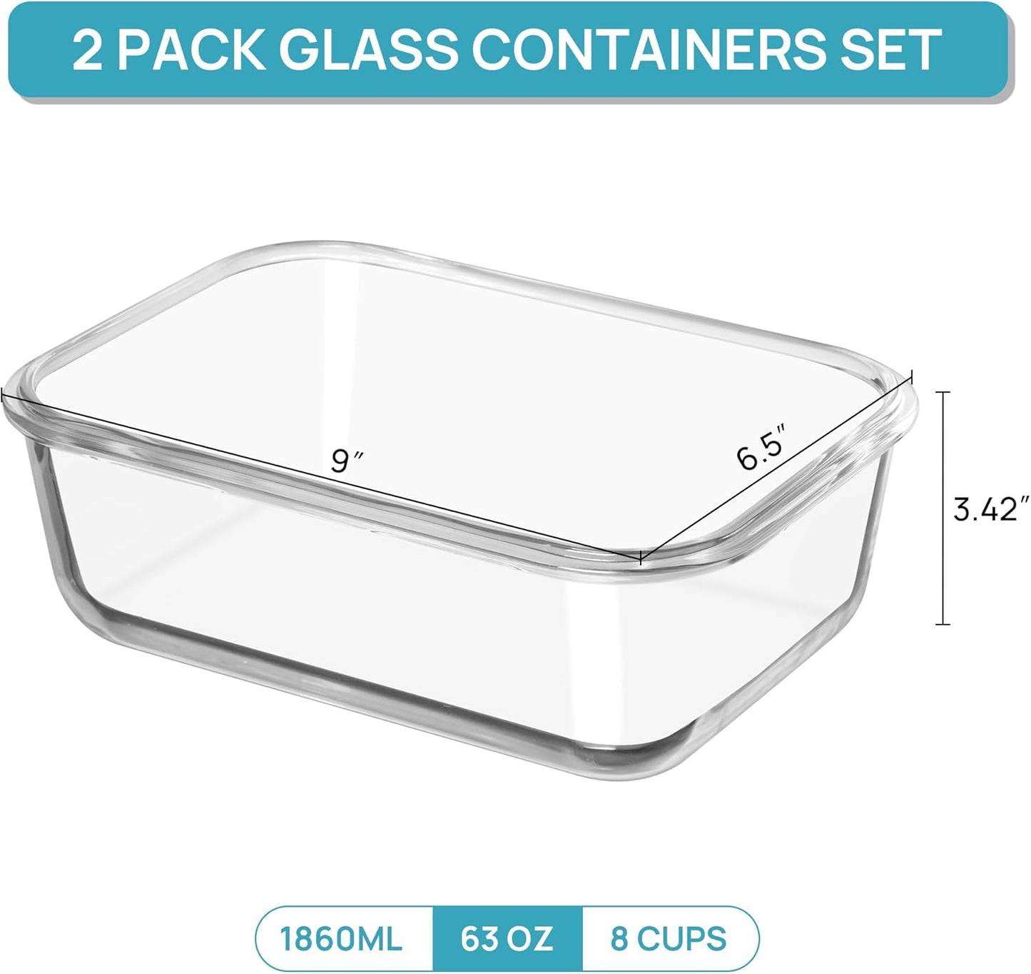 Vtopmart 2Pack 1860ml/ 63oz Large Glass Storage Containers with Lids, Meal Prep Food Container Set with Snap Airtight Lid for Baking, Microwave, Oven, Leak Proof, for Freezer, Dishwasher, Grey