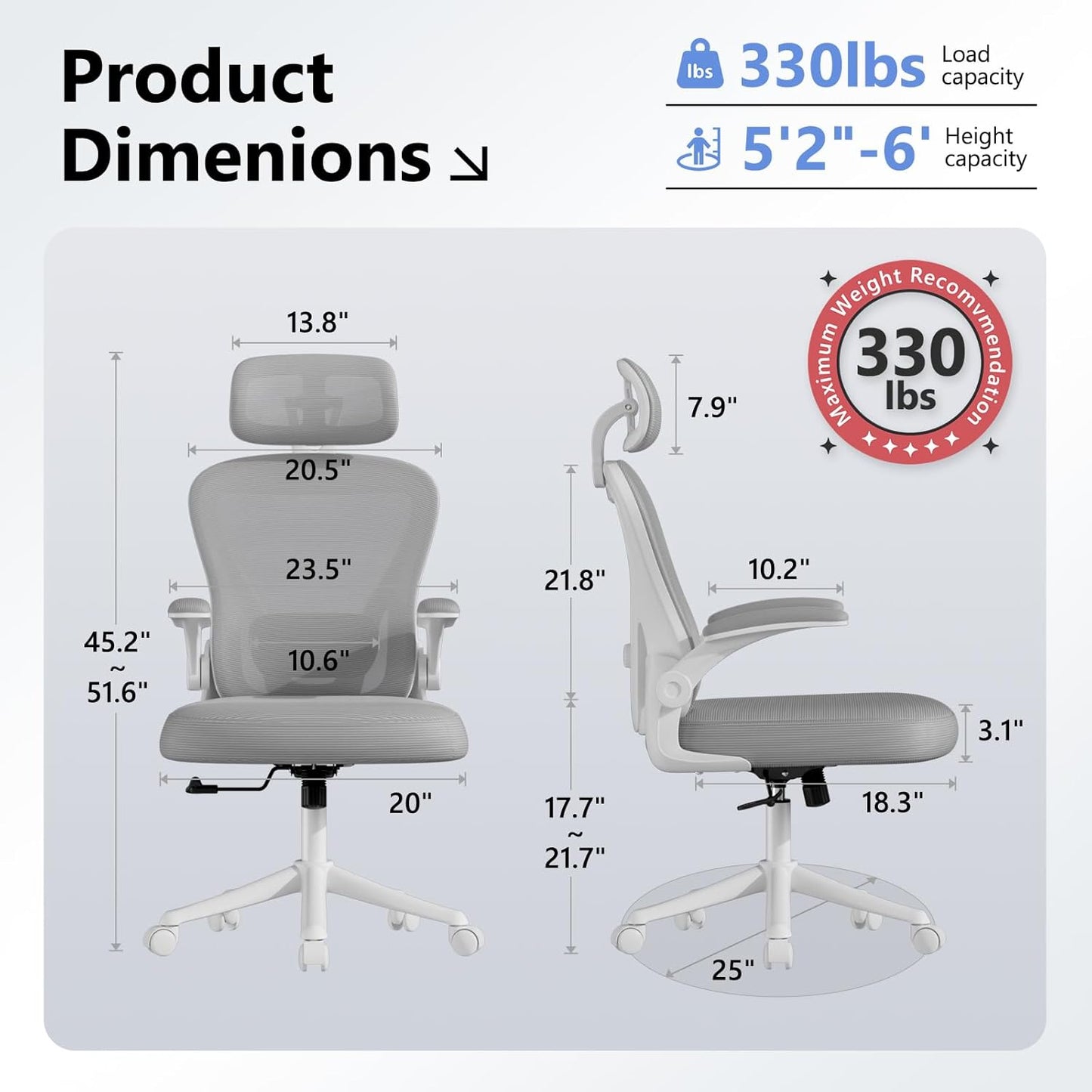 Computer Desk Chair, Ergonomic Office Chair M903 with Wheels, High Back Mesh Office Chair with Adjustable Lumbar Support, Headrest, Flip-Up Armrests, Withe Grey