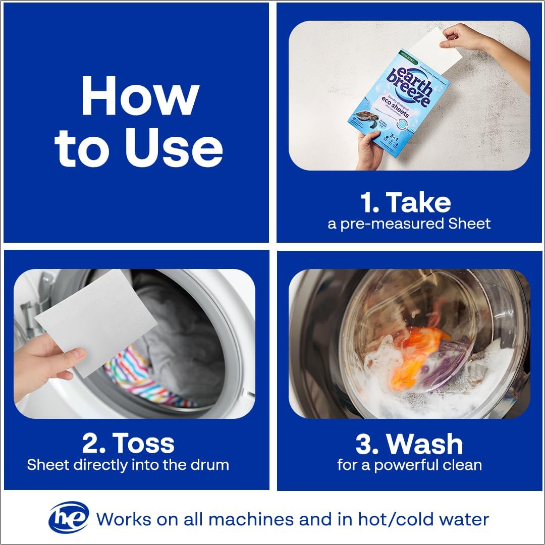 Earth Breeze Laundry Detergent Sheets Fresh Scent - 60 Loads Eco Liquidless Soap - Travel-Friendly for Hot & Cold Cycles, Tackles Tough Stains & Odors - Gentle on Skin, 30 Ct