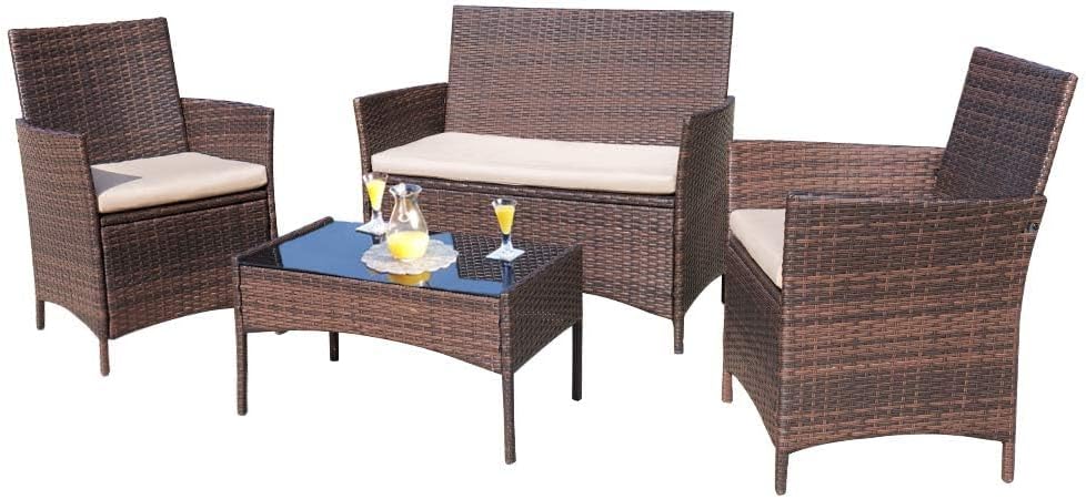 Homall 4 Pieces Outdoor Patio Furniture Sets Rattan Chair Wicker Set,Outdoor Indoor Use Backyard Porch Garden Poolside Balcony Furniture (Brown and Beige)