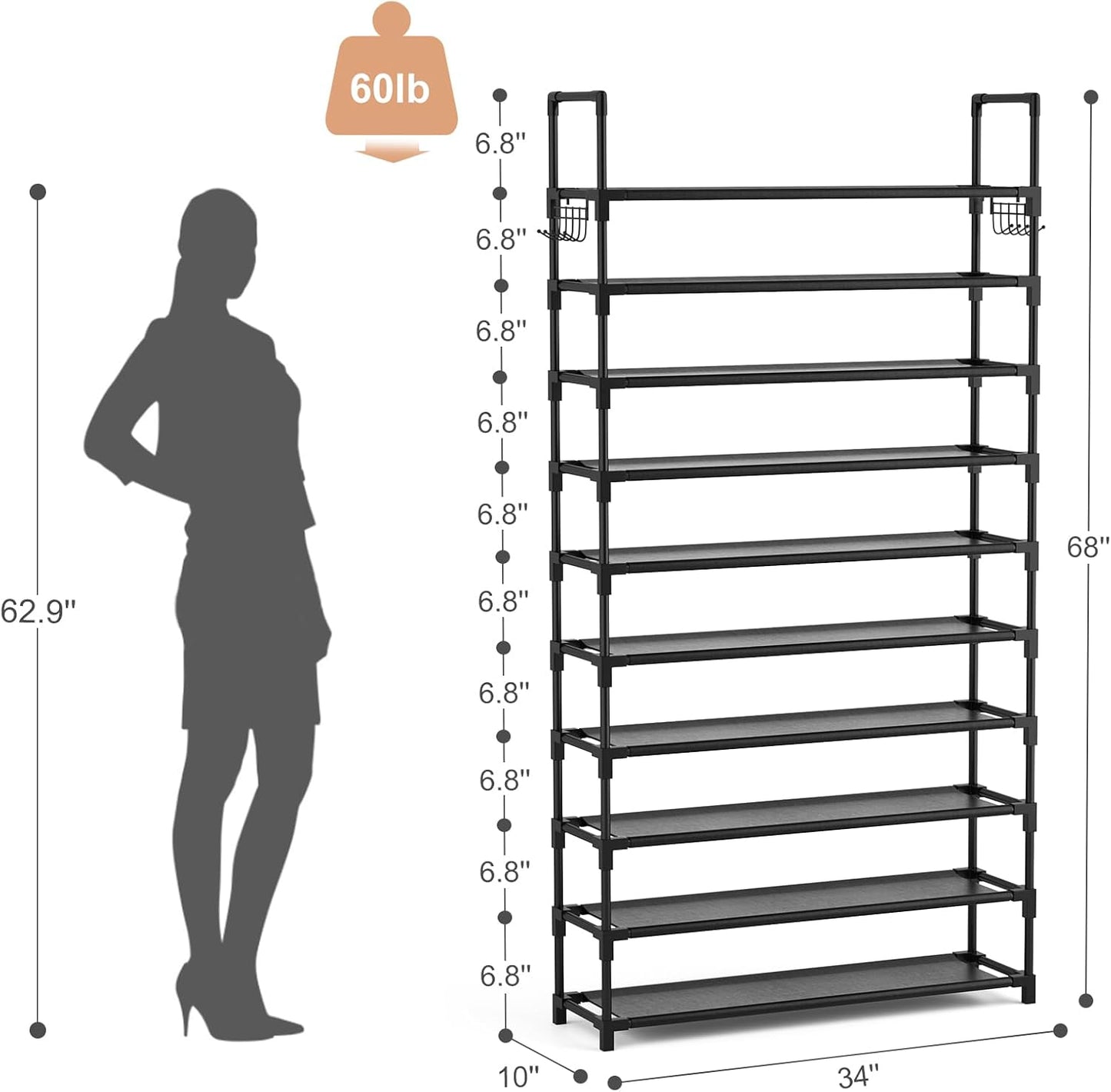 10-Tier Shoe Rack for Closet & Entryway – 50 Pair Large Capacity Shoe Organizer with Hooks & Anti-Fall Rails – Metal Frame Storage Shelf for Bedroom, Apartment, Hallway
