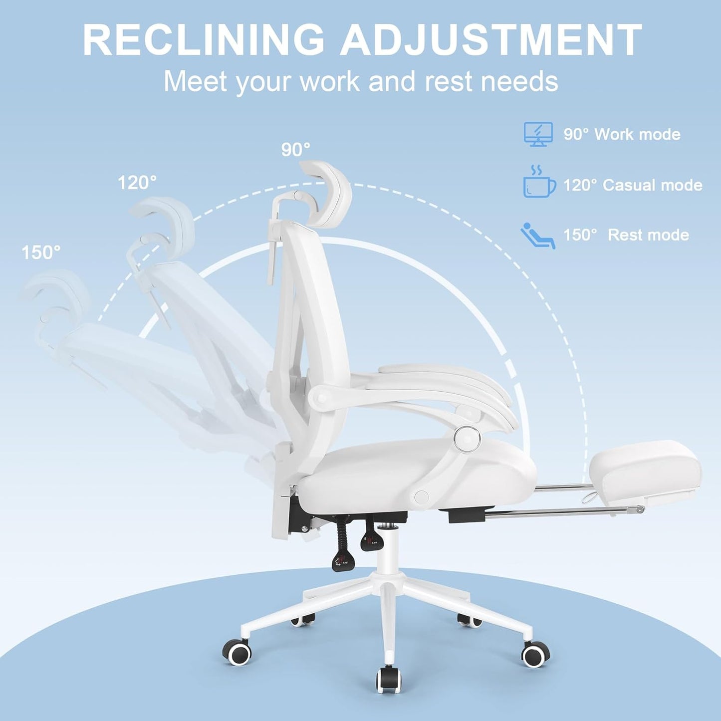 Misolant Ergonomic Office Chair with Footrest, Ergonomic Desk Chair with Adjustable 2D Lumbar Support, High Back Computer Chair with Adjustable Headrest, White Comfortable Leather Office Chairs