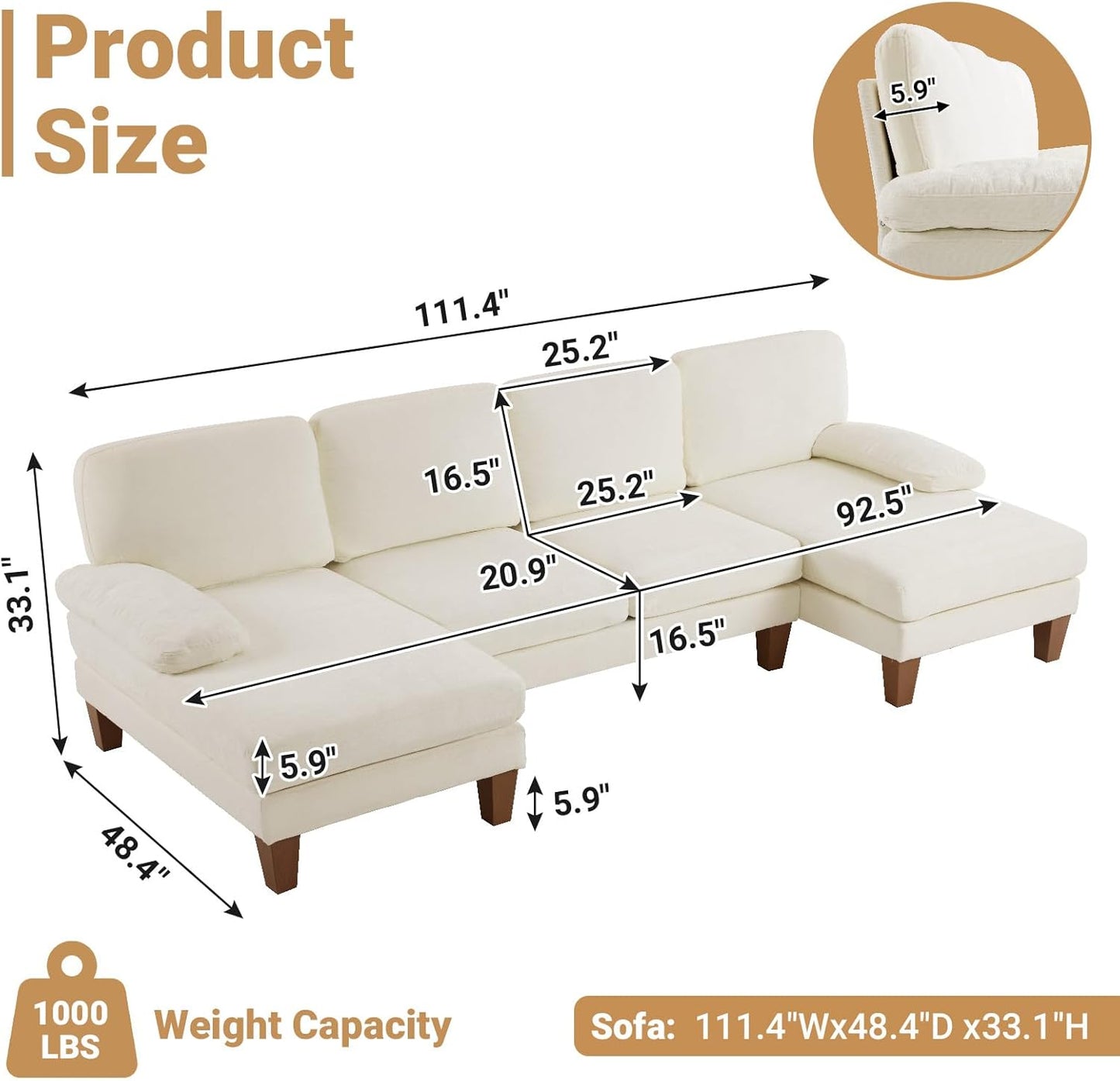 VINGLI 110" Sectional Couches for Living Room,U Shaped Couch with Double Chaise, 4-Seat Sofa Set with Chenille Fabric for Home Furniture,Beige