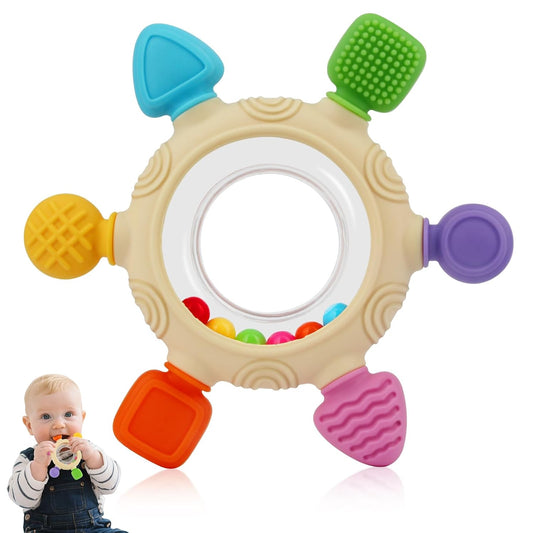 Baby Teething Rings Toys for 0-6 6-12 Months Baby Rattle Teether Sensory Toys for Babies 0-24Months Silicone Teether Relief Chew Soothing Sore Gums for Newborn Infant Essentials BPA Free