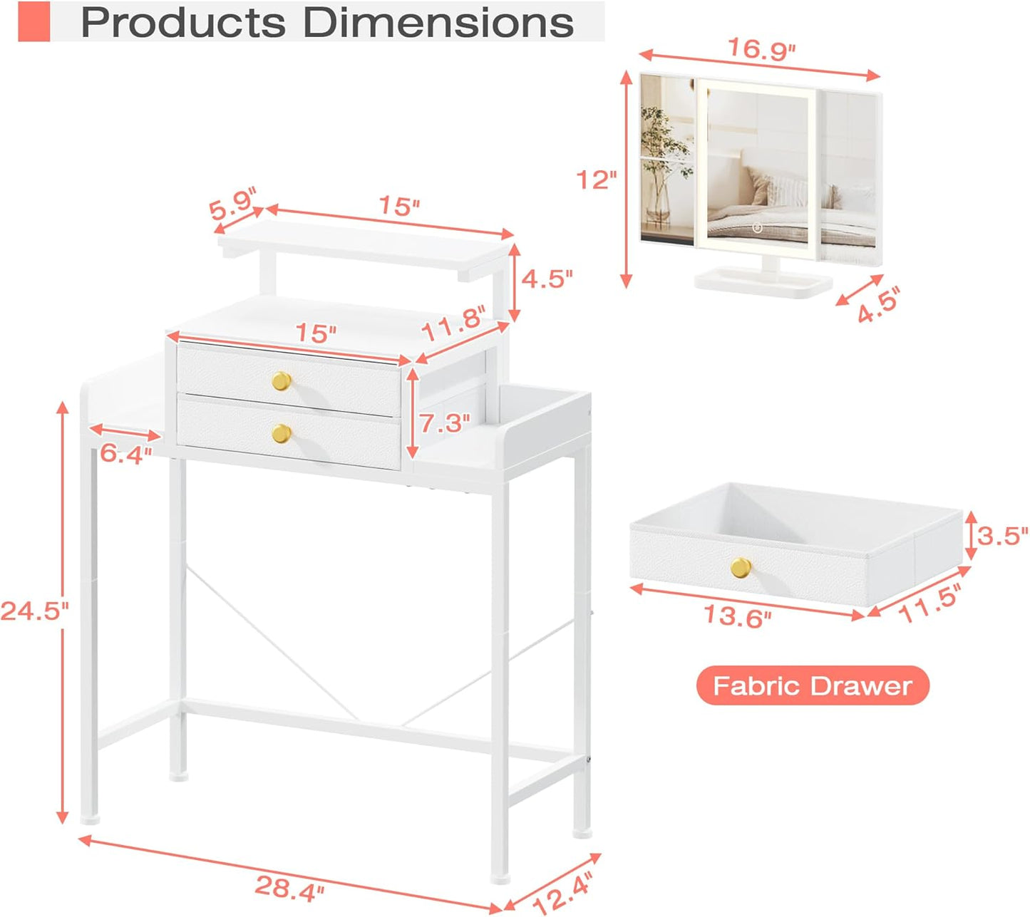 Vanity Desk with Mirror and Lights, 28.4''W Small Makeup Vanity Table with Height-Adjustable Stand, 2 Fabric Drawers Compact Makeup Desk, Gift for Girls, Bedroom Small Space, White