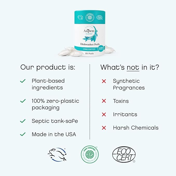 Unscented Dishwasher Pods by AspenClean, Dye-Free, Zero Plastic, EWG Verified™, Vegan, Eco-Friendly, Natural Dishwasher Detergent - 28 Count