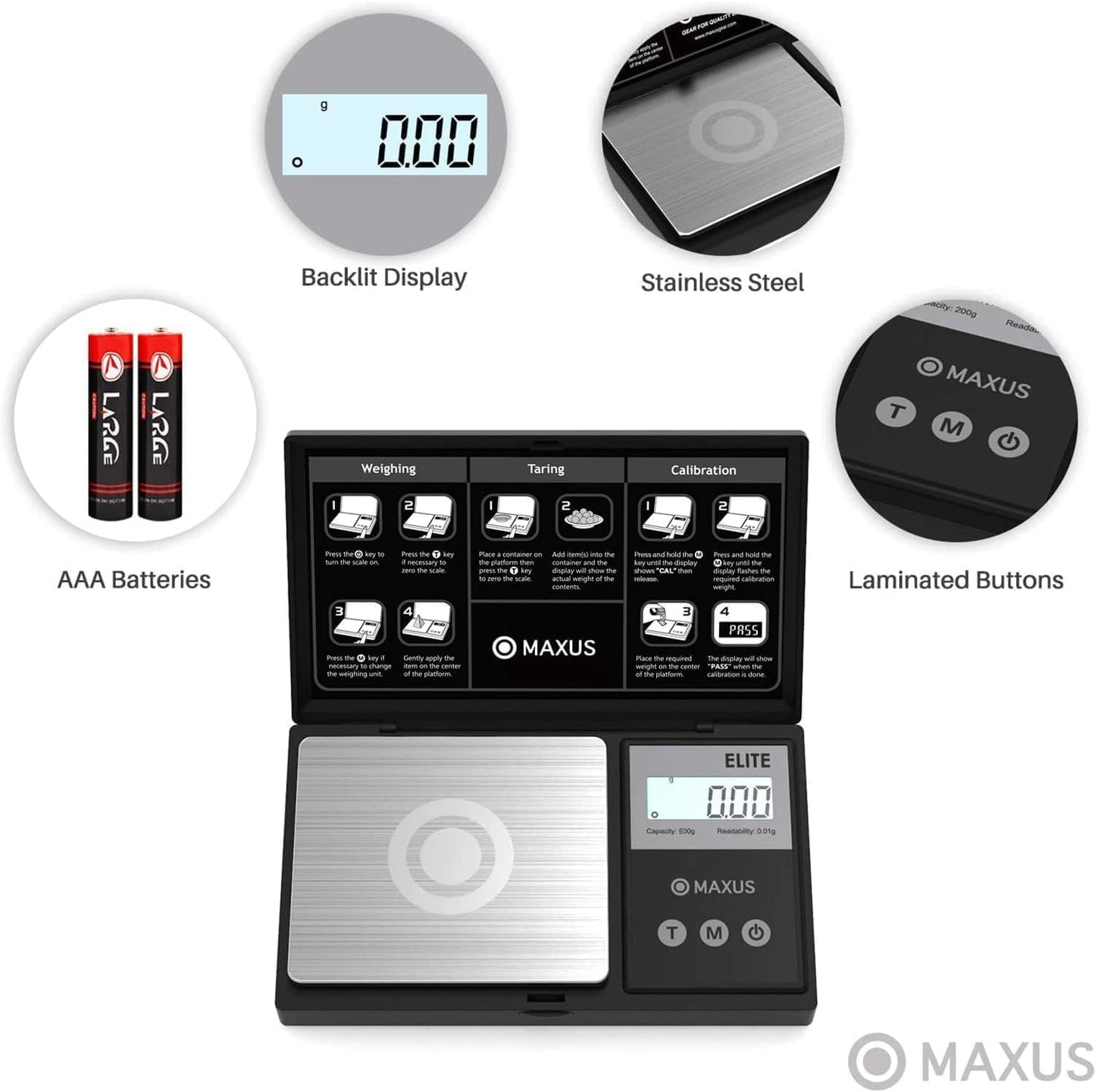 MAXUS Digital Pocket Gram Scale 500g x 0.01g High Precision with Tray, Weighs Small Food, Jewelry, Ounces, Grains, LCD Display, Tare Function