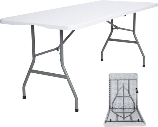 6ft Folding Table - Heavy Duty Portable Table for Parties, Camping & BBQs, Folds in Half for Easy Storage, No Assembly Required, White