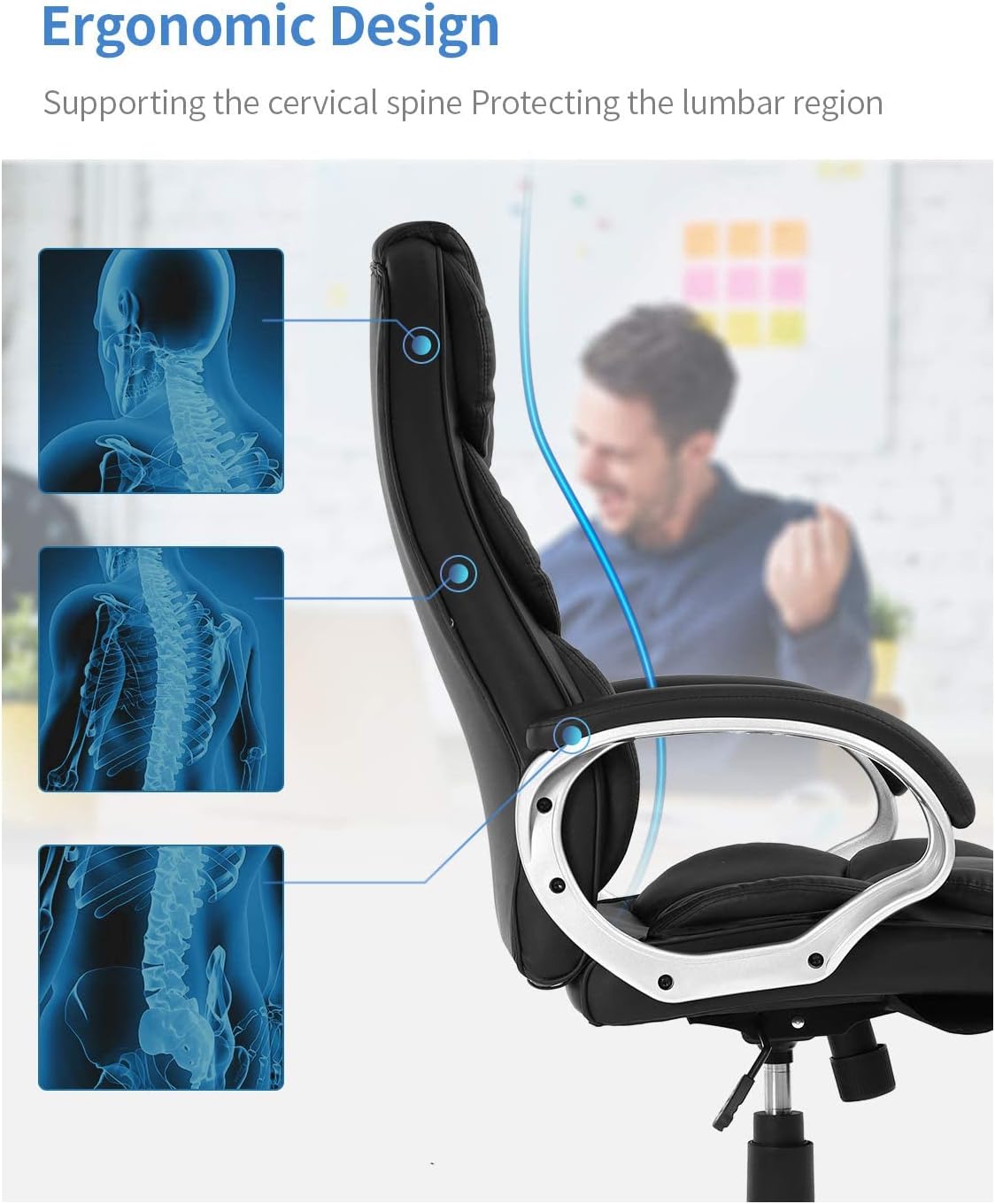 FDW Office Chair Computer High Back Adjustable Ergonomic Desk Chair Executive PU Leather Swivel Task Chair with Armrests Lumbar Support (Black)