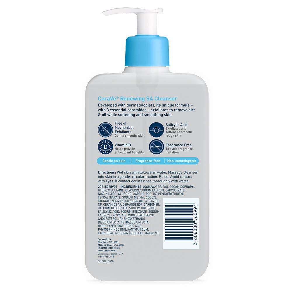 CeraVe Renewing Salicylic Acid Cleanser, Formulated With Hyaluronic Acid, Niacinamide, & Ceramides, Gentle BHA Exfoliating Face Wash Smooths & Softens Skin, Non Comedogenic & Fragrance Free, 16 Ounce