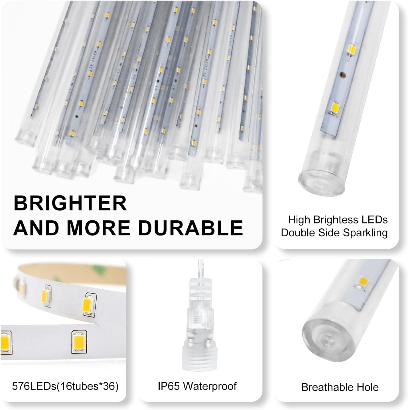 PEMOTech Christmas Lights Outdoor,16 Tubes 16 Inch 576 LED Meteor Shower Lights, Waterproof Christmas Decorations Icicle Light for Xmas Tree Halloween Party, Ul Plug,Cool White