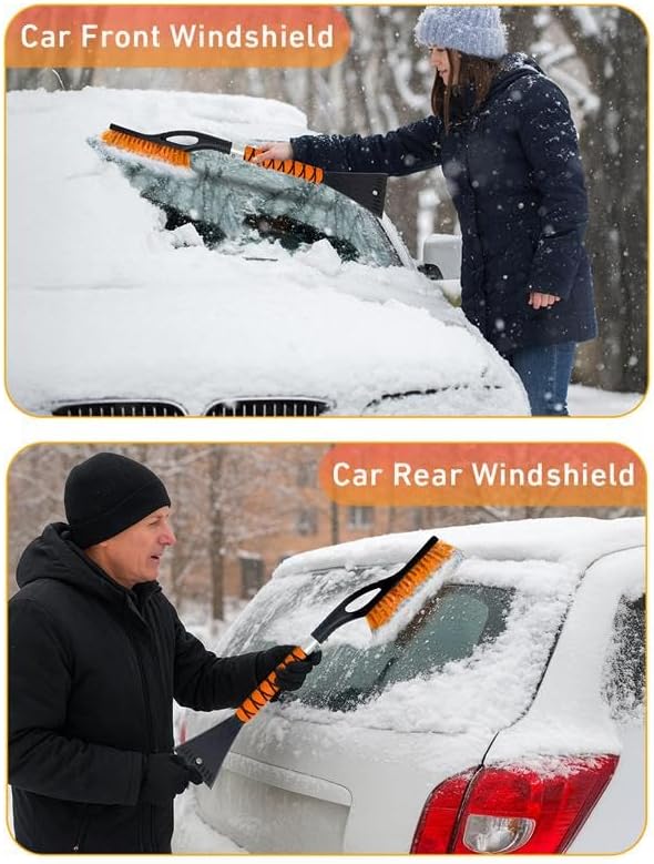 EcoNour 27" Aluminum Snow Brush with Ice Scrapers for Car Windshield and Window | Car Snow Scraper and Brush with Ergonomic Foam Grip Winter Accessories (Orange)