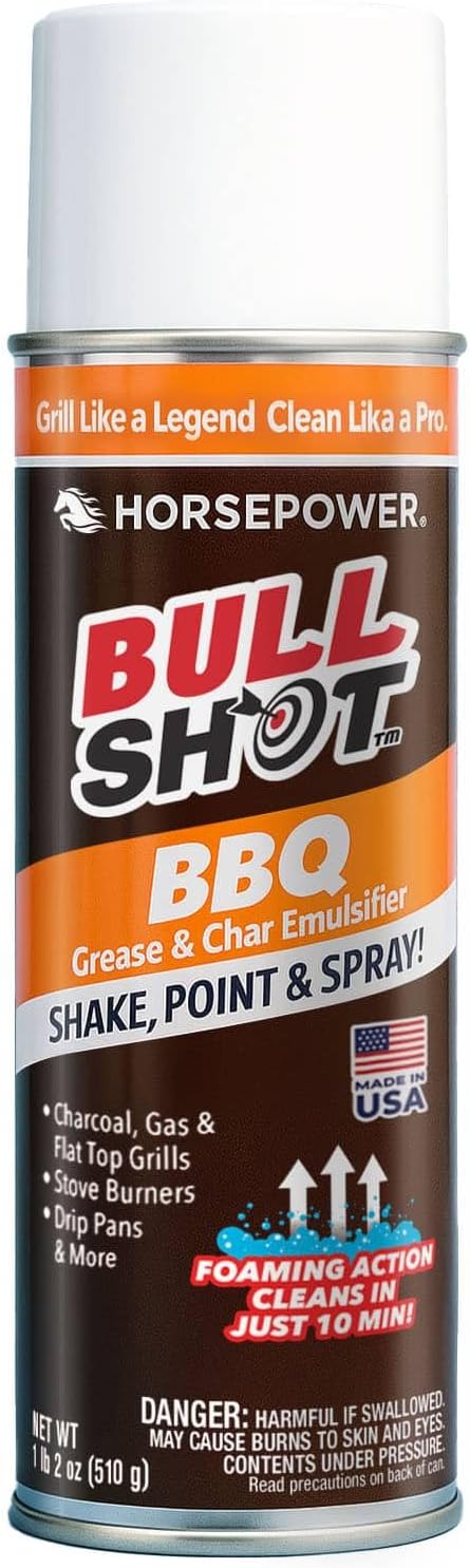 Horsepower Bull Shot BBQ Grill Cleaner, Super-Concentrated, Foaming Action Cleans in Just 10 Min, AS SEEN ON TV, Made in the USA, Emulsifies Grease and Char on Charcoal, Gas, Flat Top Grills & More
