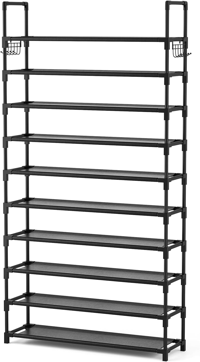 10-Tier Shoe Rack for Closet & Entryway – 50 Pair Large Capacity Shoe Organizer with Hooks & Anti-Fall Rails – Metal Frame Storage Shelf for Bedroom, Apartment, Hallway