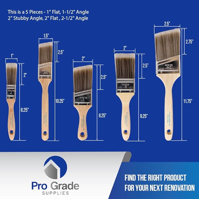 Pro Grade, Paint Brushes, 5-Piece, Paint Brush Set: Flat & Angle Brushes for Latex and Oil Paints, Stains, Interior & Exterior Home Improvement