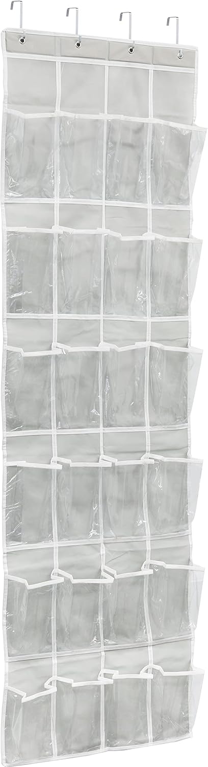 Simple Houseware 24 Pockets - Crystal Clear Over The Door Hanging Shoe Organizer, Gray (64'' x 19'')