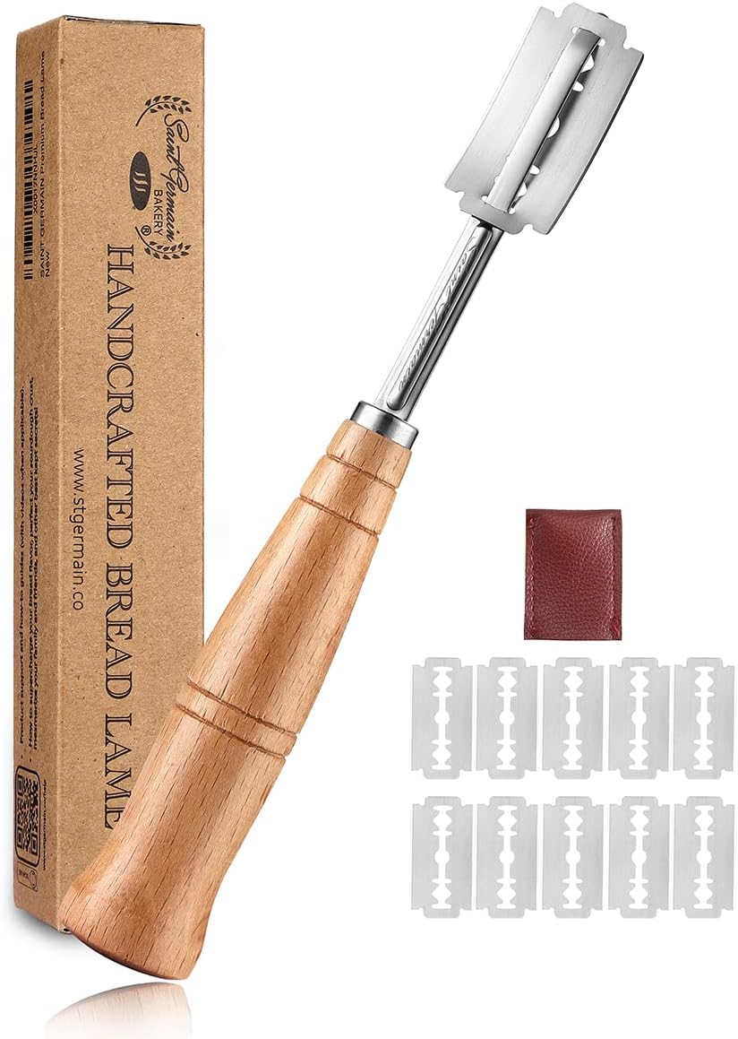 SAINT GERMAIN Premium Hand Crafted Bread Lame for Dough Scoring Knife, Lame Bread Tool for Sourdough Bread Slashing with 10 Blades Included with Replacement with Authentic Leather Protector Cover