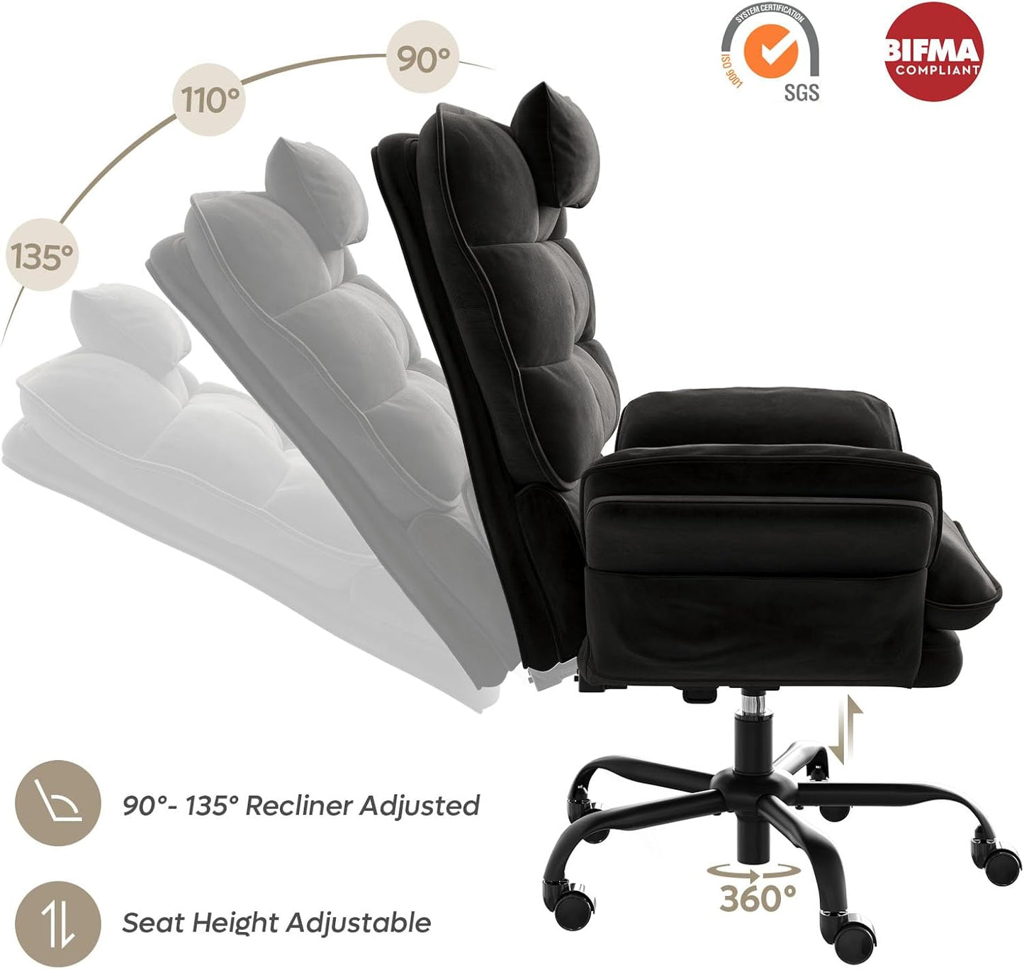 Bestier Cross Legged Office Chair, Criss Cross Chair with Adjustable Arms, 135° Reclining Velet Executive Chair with Wheels, Big and Tall Computer Desk Chair for Home, Office - Black
