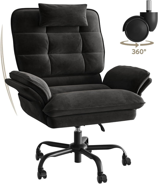 Bestier Cross Legged Office Chair, Criss Cross Chair with Adjustable Arms, 135° Reclining Velet Executive Chair with Wheels, Big and Tall Computer Desk Chair for Home, Office - Black