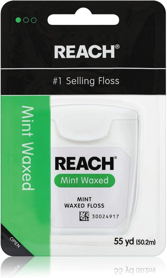 REACH Waxed Dental Floss, Mint, Plaque Remover for Teeth, Shred Resistant, Floss Slides Smoothly, Easy to Use, Waxed, Deep Cleaning Teeth, Oral Care, PFAS Free, for Adults & Kids, 1 Pack, 55 yd