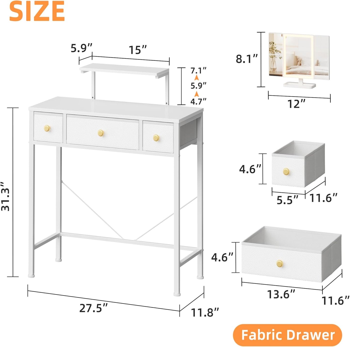 Small Makeup Vanity Desk 27.5''W with Mirror and Lights, Vanity Desk with 3 Fabric Drawers and Height-Adjustable Stand, Vanity Table for Girls Gifts, Bedroom and Small Spaces, White