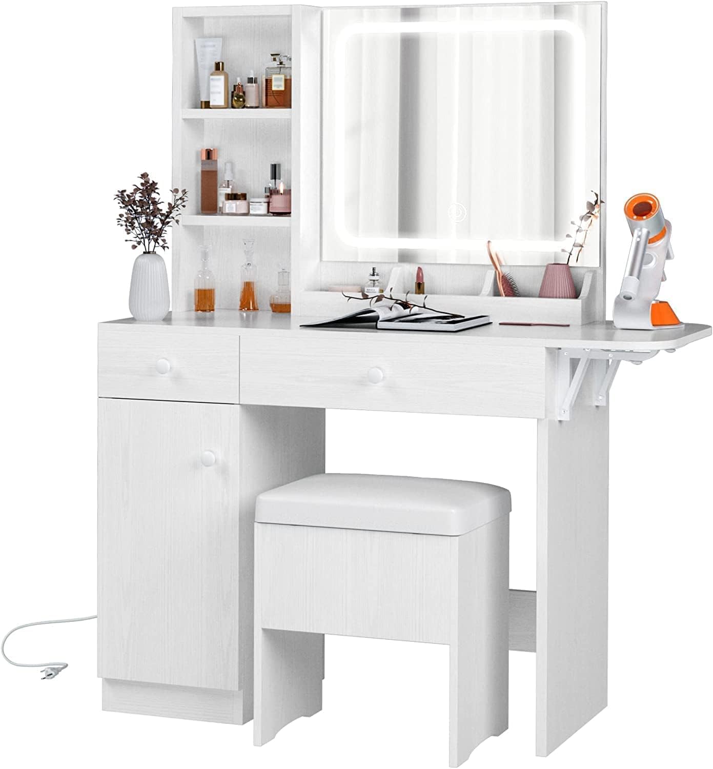 IRONCK Vanity Desk with LED Lighted Mirror & Power Outlet, Makeup Table with Drawers & Cabinet,Storage Stool, White