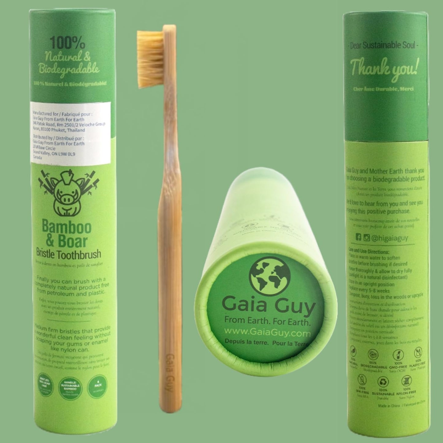Gaia Guy Natural Bristle Bamboo Toothbrush (NO Nylon - Boar Hair ONLY) - Totally Compostable & Biodegradable Boar Bristle and Bamboo Toothbrushes - Zero Waste - 6-Pack