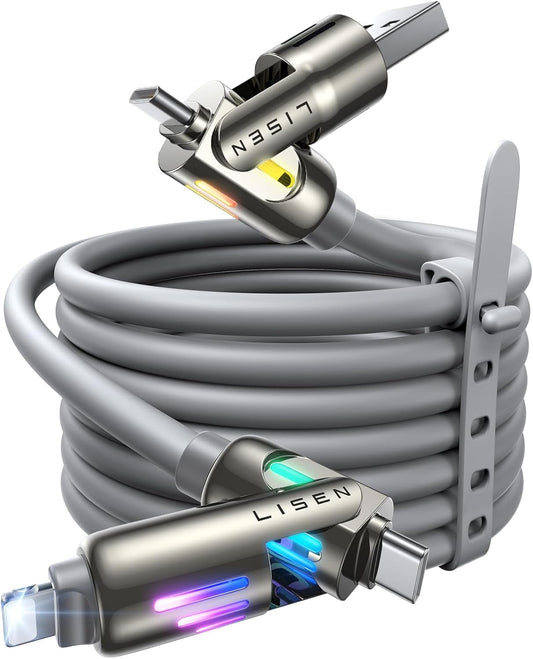 LISEN USB C to Lightning Cable, 240W 4 in 1 Charging Cable 6.6FT, Chubby USB A/C to C/Lightning with Light for iPhone Air 17 16 15 14 Pro/MacBook/iPad/Samsung/Switch 2, Multi Chargers for All Devices