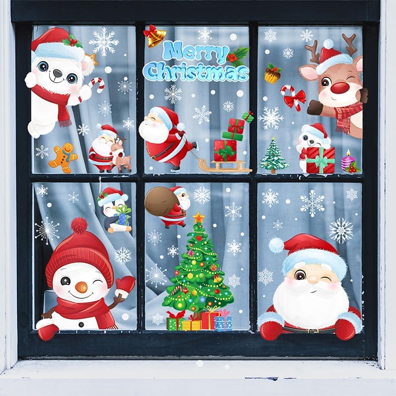 192Pcs Christmas Window Clings for Glass Windows, 9 Sheet Christmas Window Stickers Santa Claus Snowman Reindeer for Xmas Holiday Indoor Decals Party Supplies