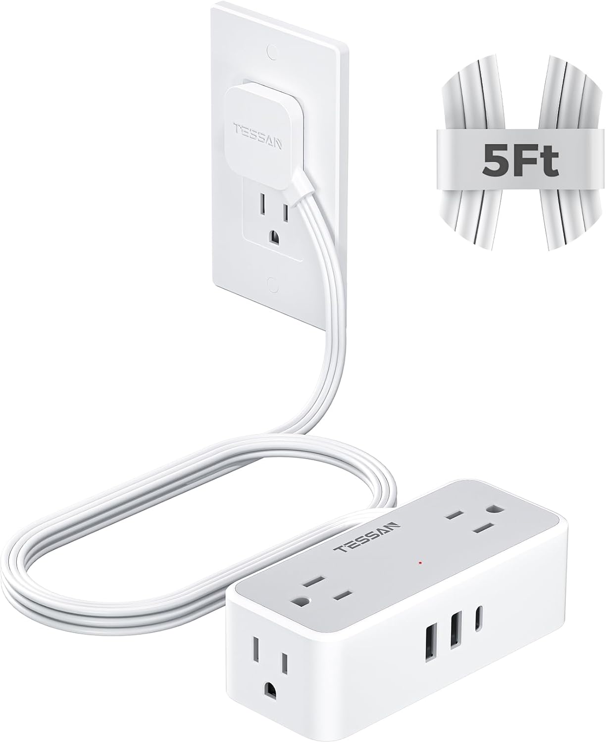 Flat Plug Extension Cord 5 FT, Surge Protector Power Strip with 4 AC Outlets 1 USB C and 2 USB A Ports, 900 Joules Protection, Multiple Wall Outlet Extender Suitable for Home Office Dorm