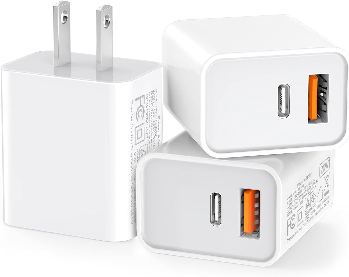 3 Pack USB C Wall Charger, 20W Durable Dual Port QC+PD 3.0 Power Adapter, Double Fast Plug Charging Block for iPhone 14/15/16/17 Pro/Pro Max/Plus, XS/XR/X, Watch Series 8/7 Cube，White