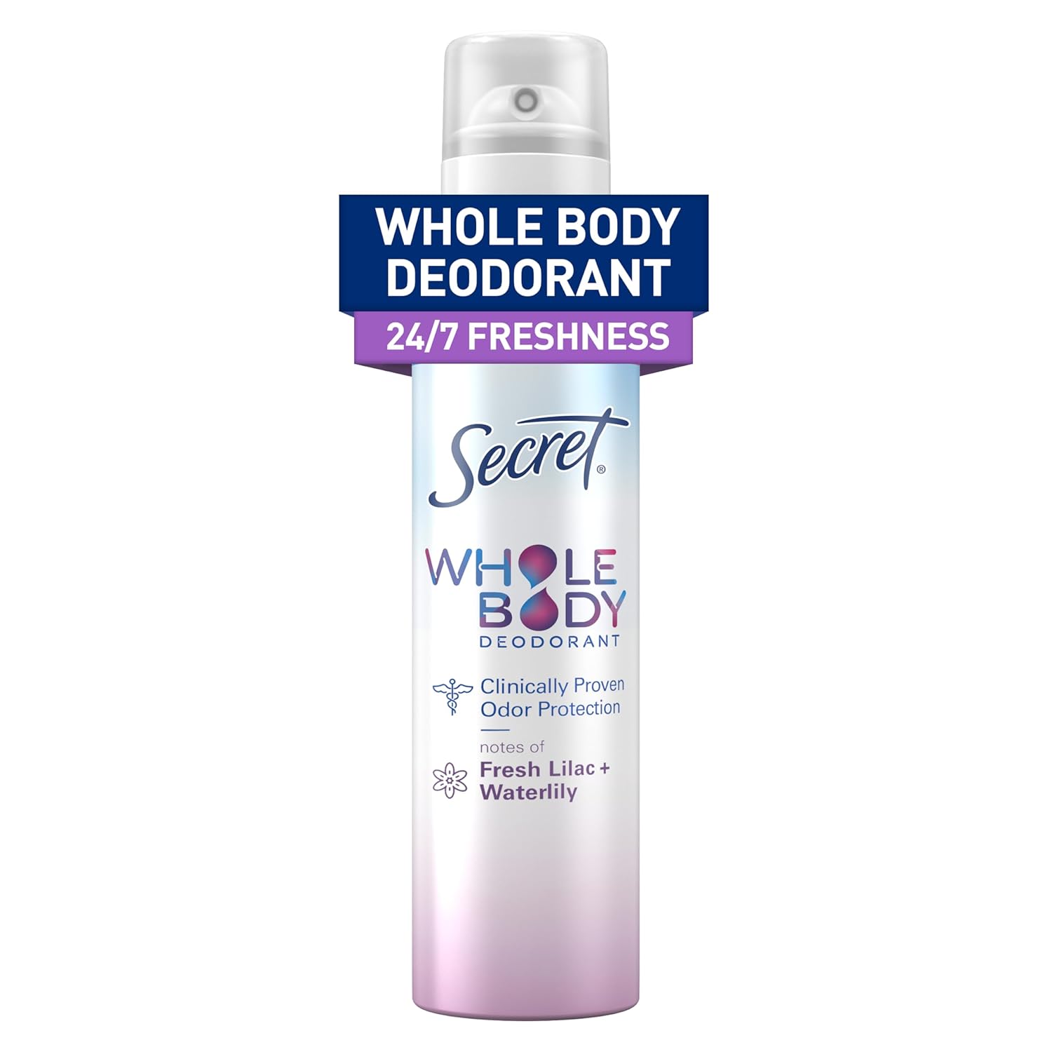 Secret Whole Body Deodorant Spray for Women, Lilac & Waterlily Scent, Aluminum Free Deodorant Spray, 72 HR Odor Protection, 3.5 oz