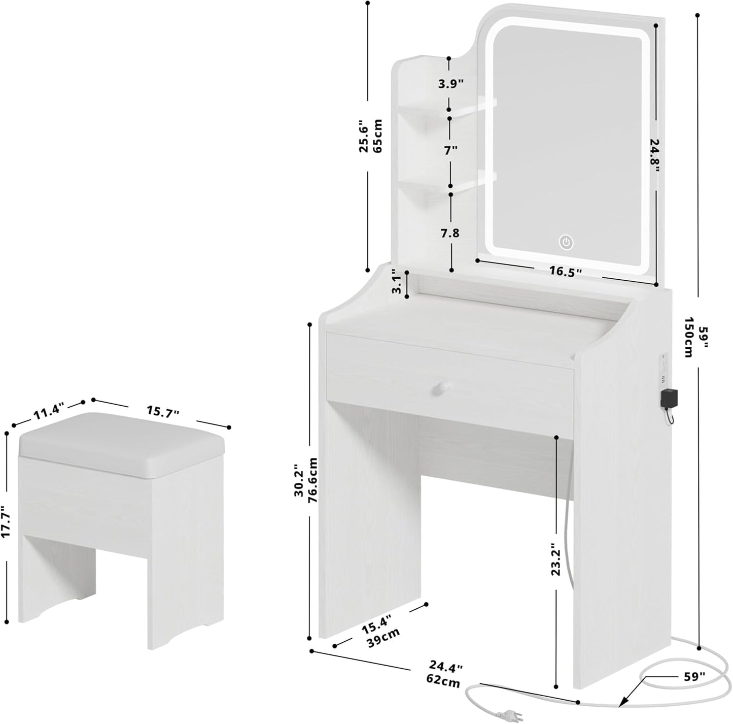 LIKIMIO Small Makeup Vanity Desk with Mirror and Lights, Vanity Table Set with Storage Drawer, Chair and Three Shelves, Bedroom, White