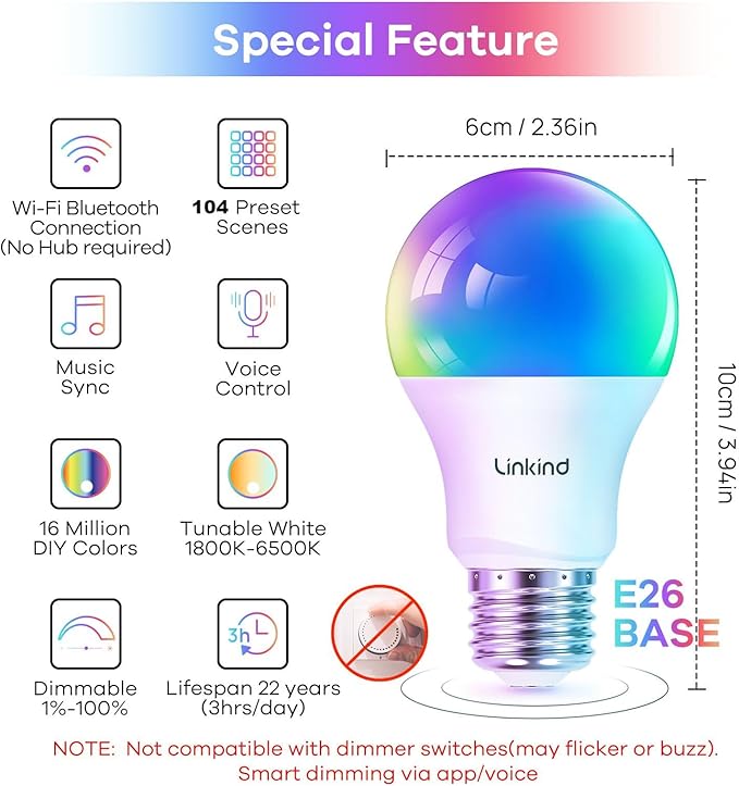Linkind Smart Light Bulbs, Smart Bulb That Work with Alexa & Google Home, LED Light Bulbs Color Changing, 104 Preset Scene, Music Sync, A19 E26 2.4GHz RGBTW WiFi Bluetooth Light Bulb 60W, 800LM, 4Pack