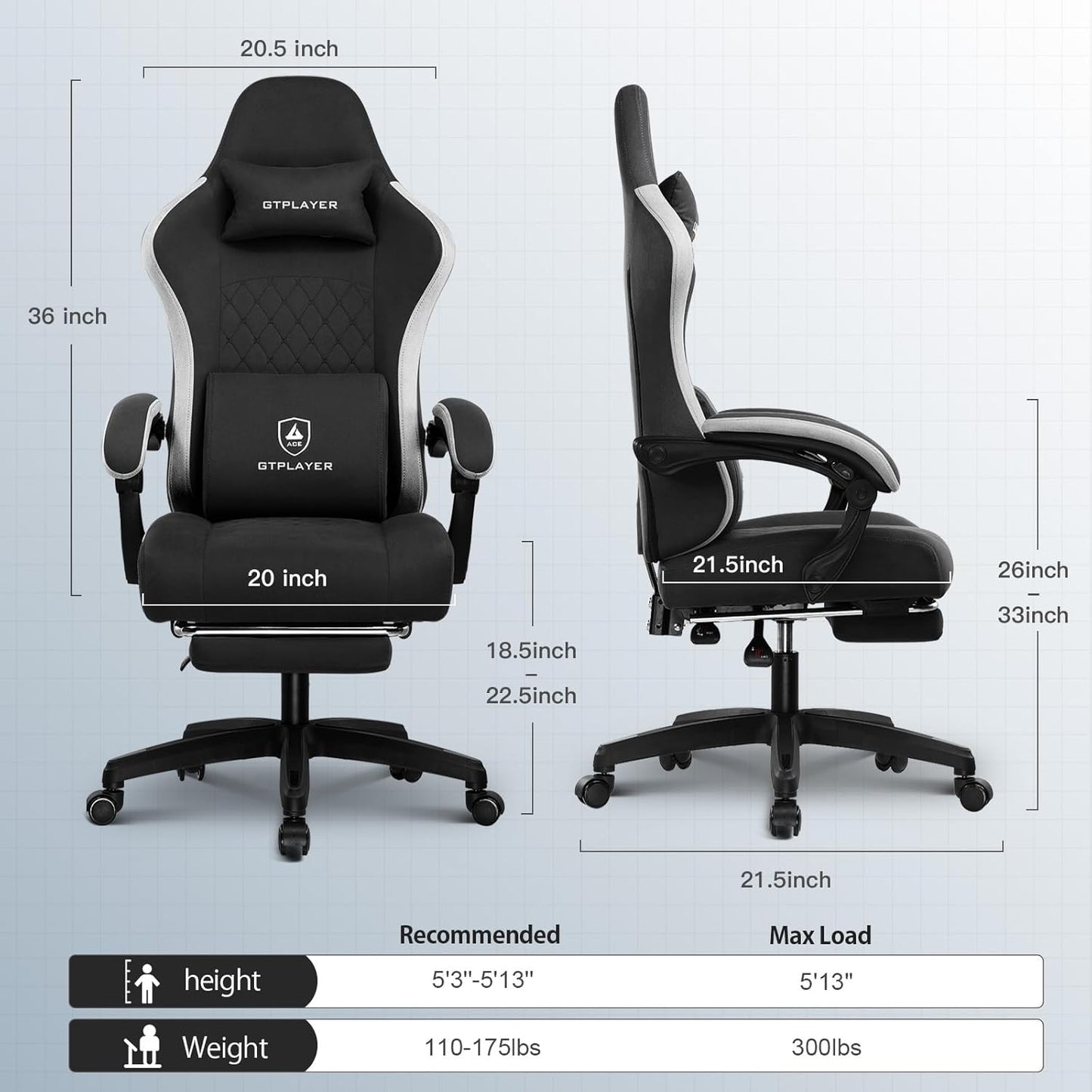 GTPLAYER Gaming Chair, Computer Office Chair with Pocket Spring Cushion, Linkage Armrests and Footrest, High Back Ergonomic Computer Chair with Lumbar Support Task Chair with Footrest(Black)