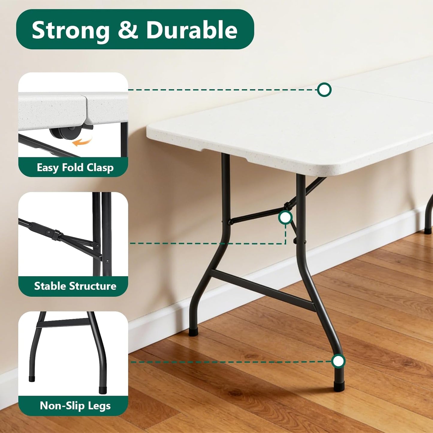 Folding Table 6ft - Heavy Duty Plastic Table with Handle, Foldable & Portable, Fold-in-Half Utility Tables for Outdoor, Dining, Wedding, Events, Indoor, Picnic, Camping, Party (White)